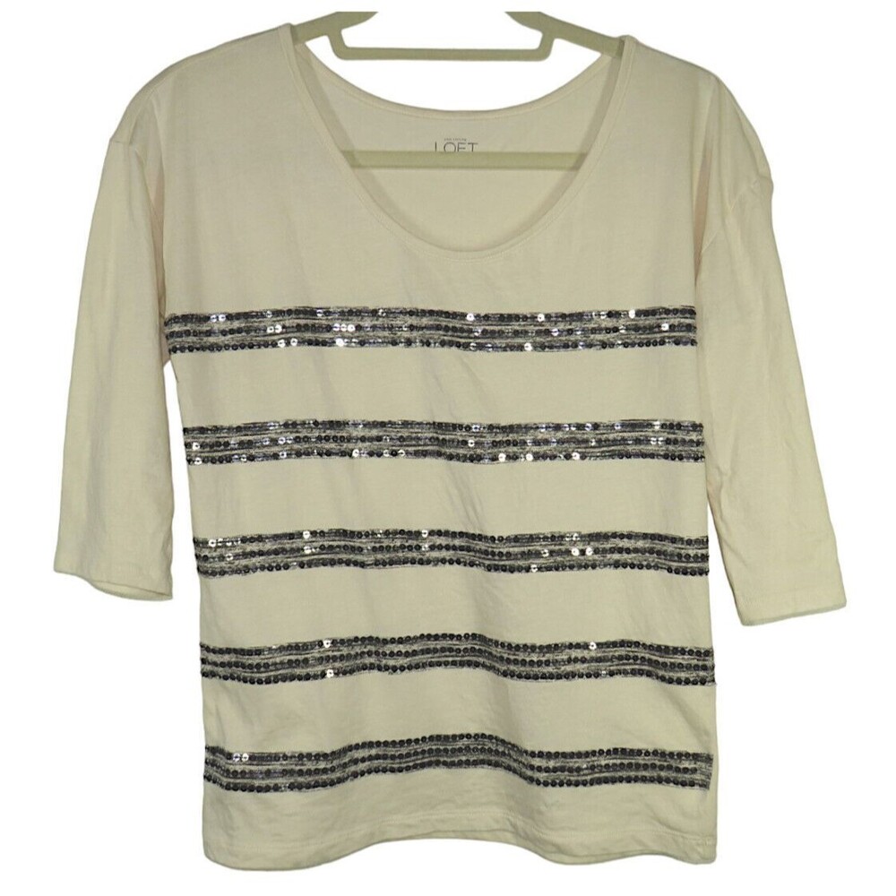 Ann Taylor Loft Women's Ivory Sequined Striped Cotton Blend Top Size XS